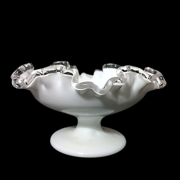 Fenton Silver Crest Compote Pedestal Dish Milk Glass Ruffled Edge Mid Century. - Picture 7 of 16